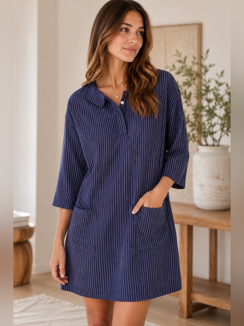 Jade by Johnny Was Pinstripe Tunic Dress Oversized Linen Blend Coastal Minimalis
